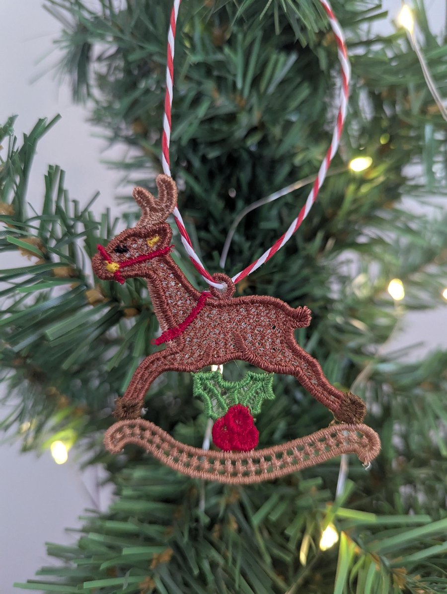 Embroidered Rocking Reindeer Ornament: Lace Christmas Tree Decoration