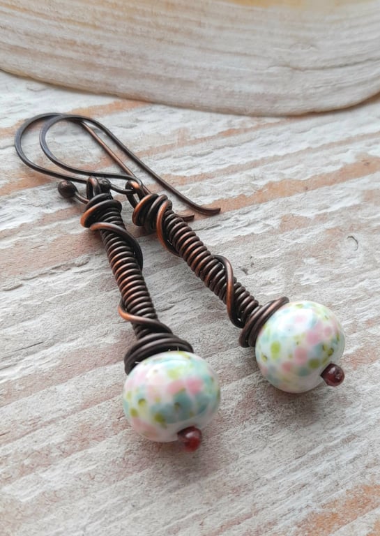 Handmade Copper Coil Earrings with Lampwork Glass Beads