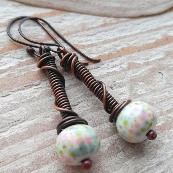 Handmade Copper Coil Earrings with Lampwork Glass Beads