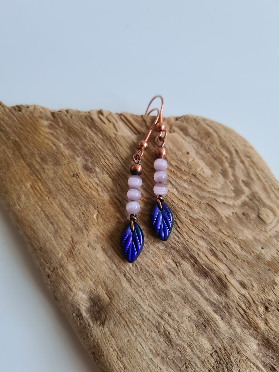 Copper Purple Cats Eye & Glass Leaf Dangle Earrings Earings Gift Jewellery 