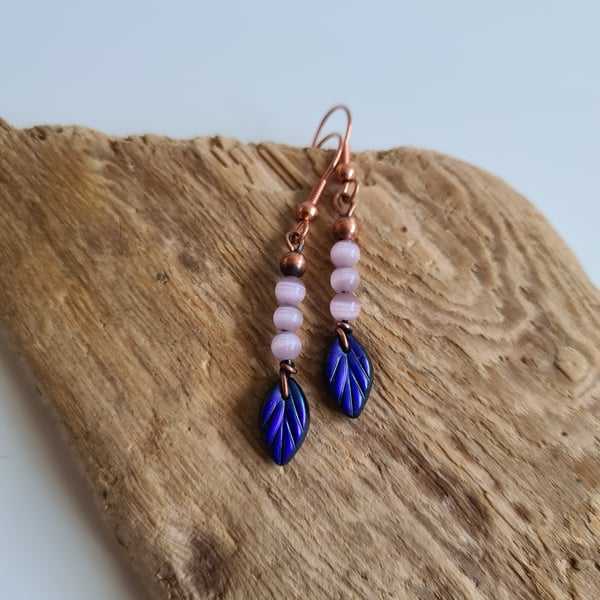 Copper Purple Cats Eye & Glass Leaf Dangle Earrings Earings Gift Jewellery 