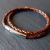 Braided leather wrap bracelet brown silver stainless steel bayonet clasp