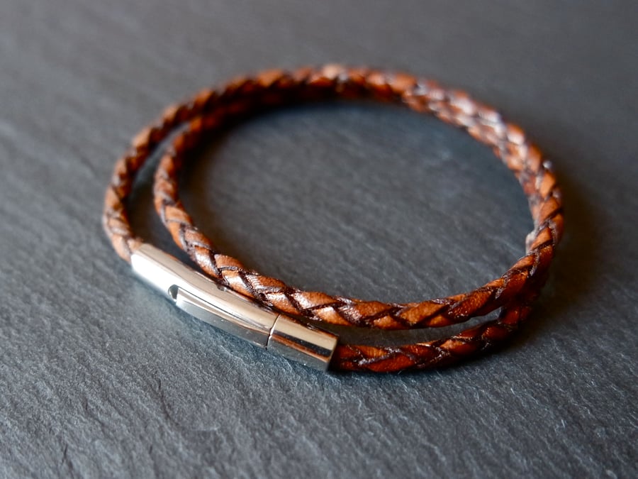 Braided leather wrap bracelet brown silver stainless steel bayonet clasp