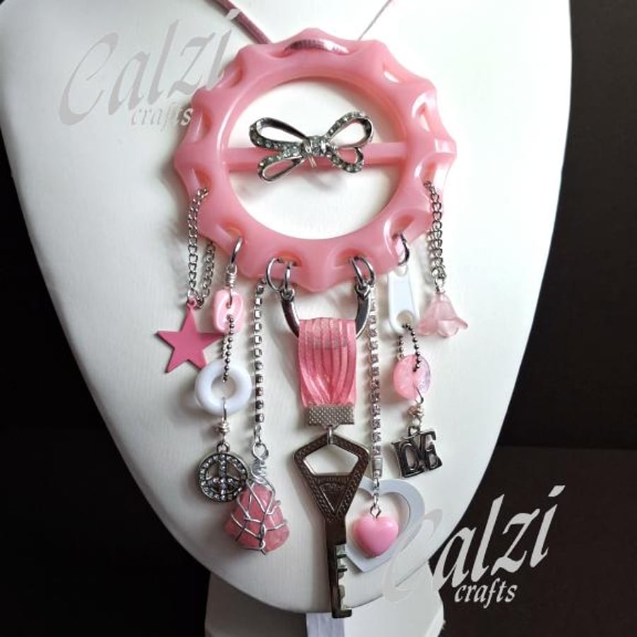 Upcycled Pink Buckle Charm Necklace