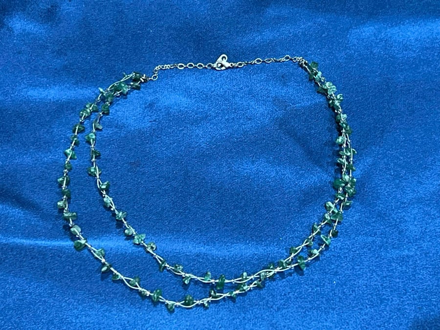 Vintage Green Aventurine Chip Double Strand Necklace - Layered Boho Choker