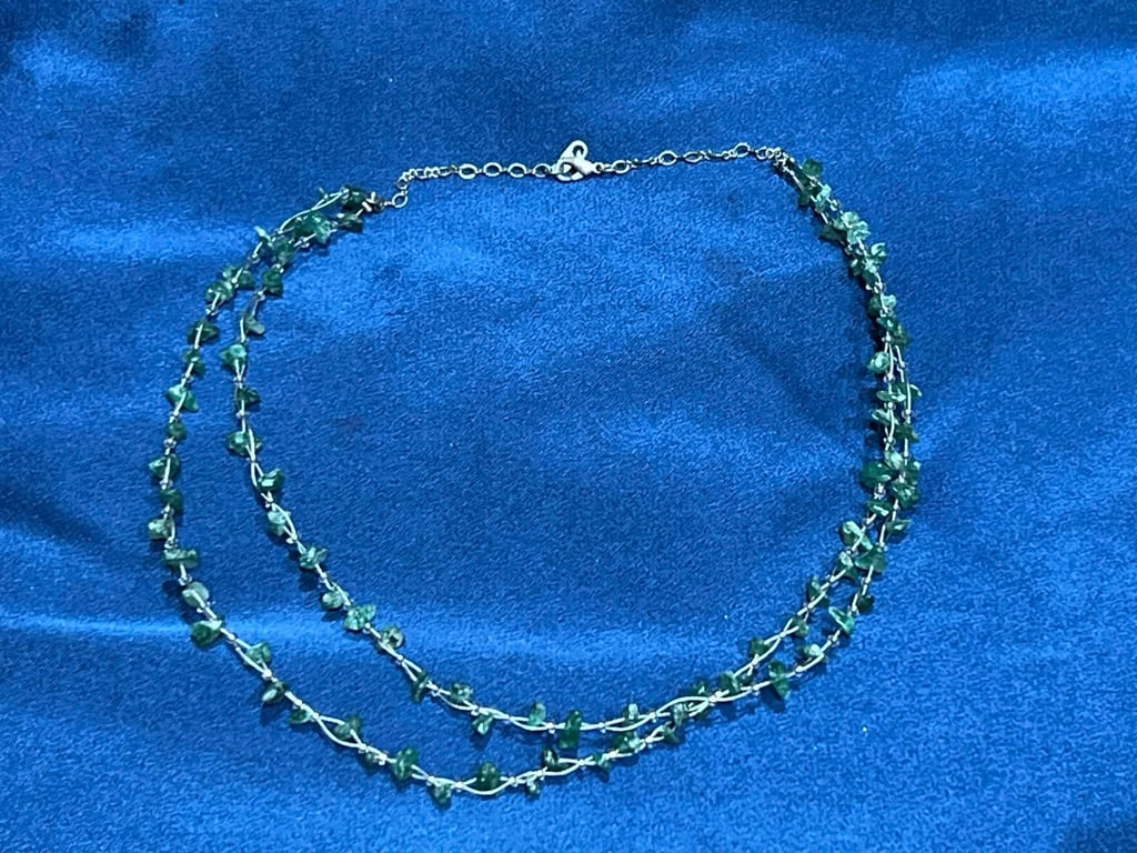 Vintage Green Aventurine Chip Double Strand Necklace - Layered Boho Choker