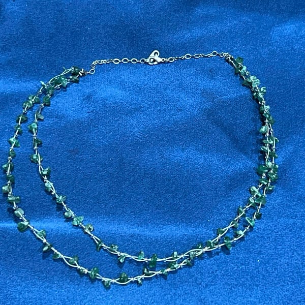 Vintage Green Aventurine Chip Double Strand Necklace - Layered Boho Choker