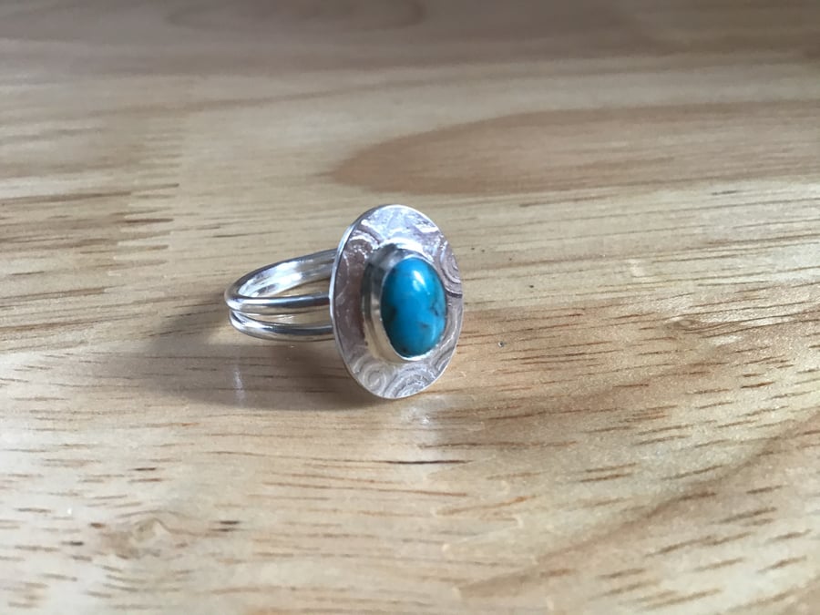 Untreated Turquoise Sterling and Fine silver double band oval ring