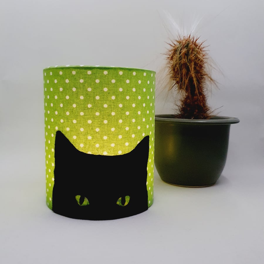 Black Cat Silhouette Lantern with LED candle and white spotty apple green fabric
