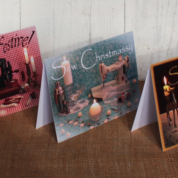 Pack of 6 Christmas cards with a vintage sewing theme.