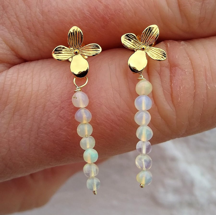 Ethiopian Rainbow Opal Gold Flower Earrings, Gold Opal Dangle Earrings