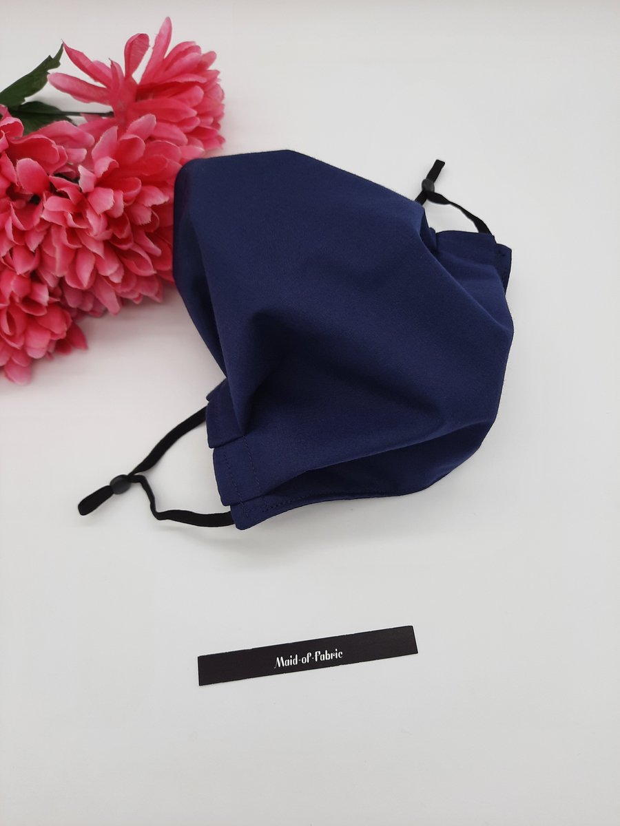 Face mask, navy blue large, 3 layer, adjustable with nose wire. 