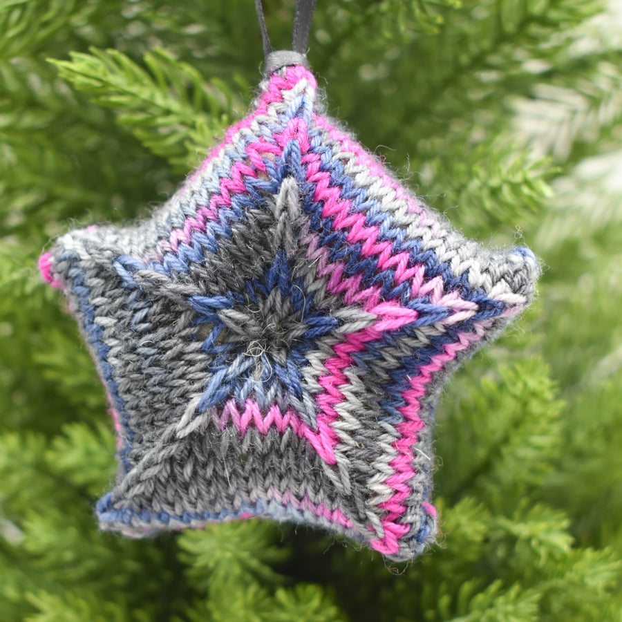SOLD - Hand knitted star - Christmas Decorations - Pink and Grey