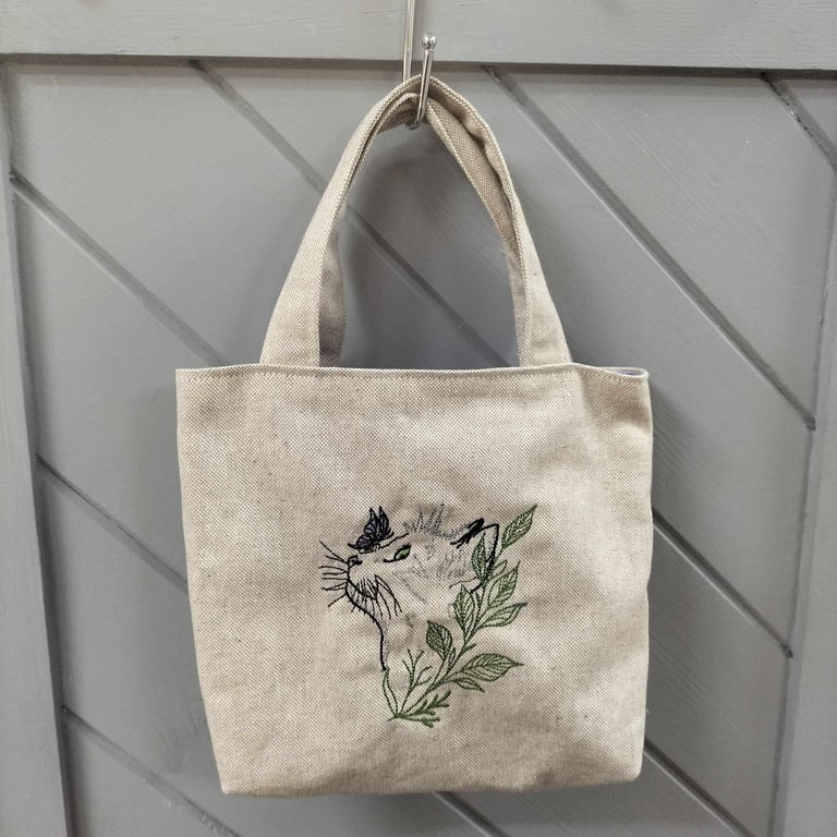 Linen look small tote bag with cat and butterfly embroidery