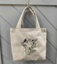 Linen look small tote bag with cat and butterfly embroidery