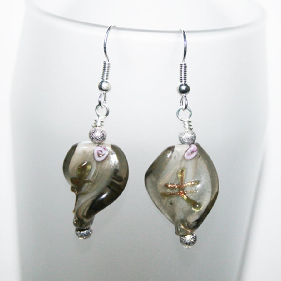 Smoky Grey Glass Drop Earrings - Glass Bead Dangle Earrings