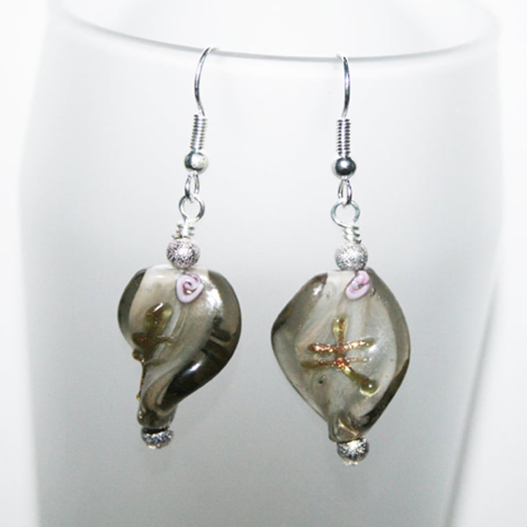 Smoky Grey Glass Drop Earrings - Glass Bead Dangle Earrings