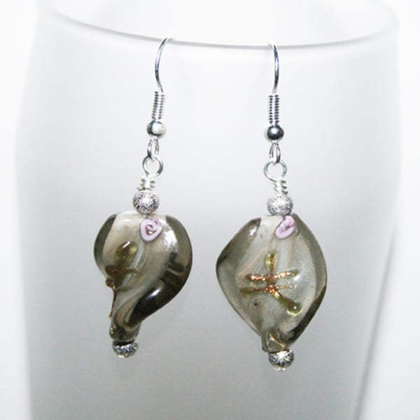Smoky Grey Glass Drop Earrings - Glass Bead Dangle Earrings