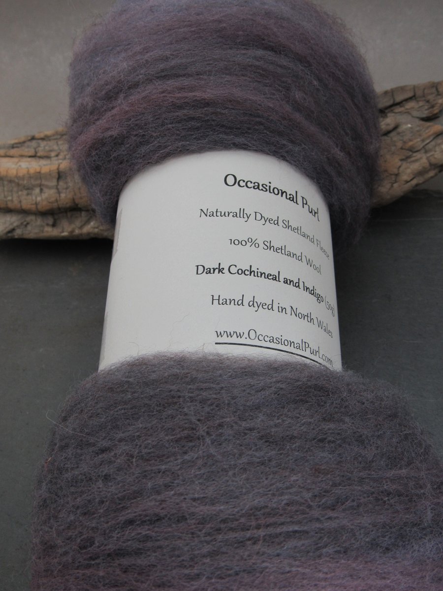 50g Dark Cochineal Purple Naturally Dyed Shetland Wool Batt