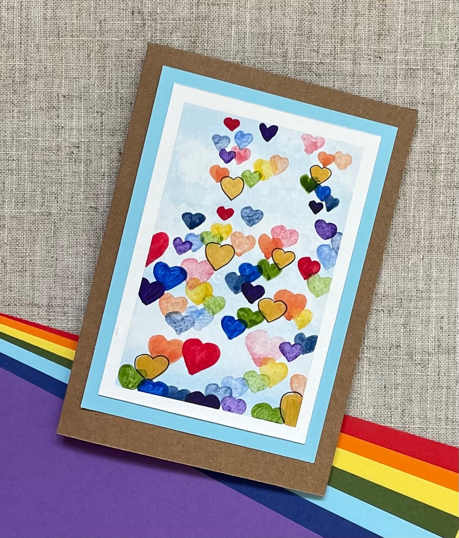 Cards, greeting card, rainbow hearts, watercolour original artwork. 