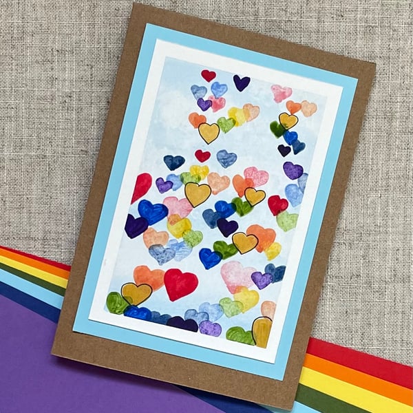 Cards, greeting card, rainbow hearts, watercolour original artwork. 