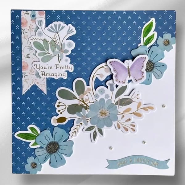 Card. Layered Floral Blank Greetings Card. Special Occasion Card.