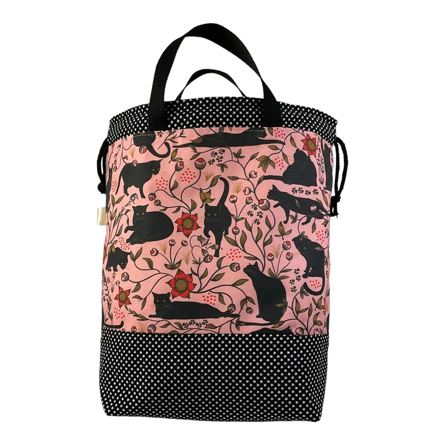 Extra Large knitting and craft bag with black cats, multi pocket project bag