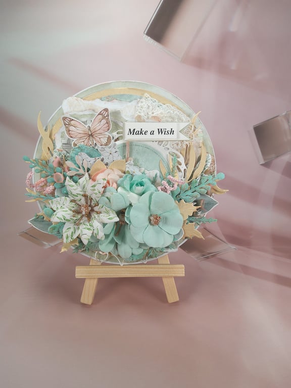 Handmade Round Greeting Card (60) Light Blue Window Box Included