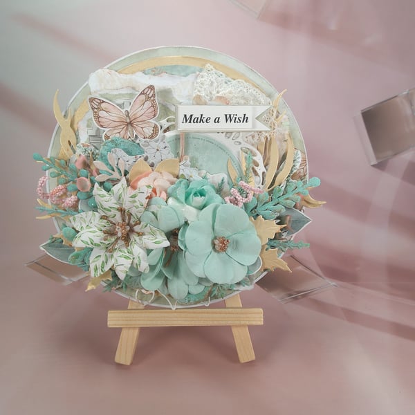 Handmade Round Greeting Card (60) Light Blue Window Box Included