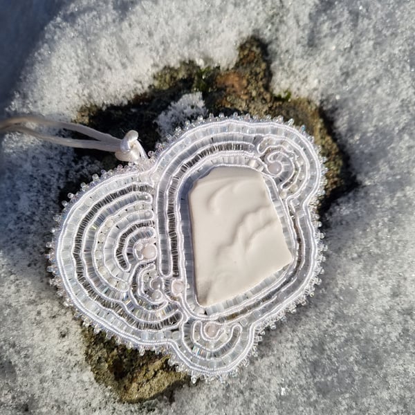 Porcelain Wave – Handmade Amulet with Sea-Found Porcelain, White Beads & Soutach