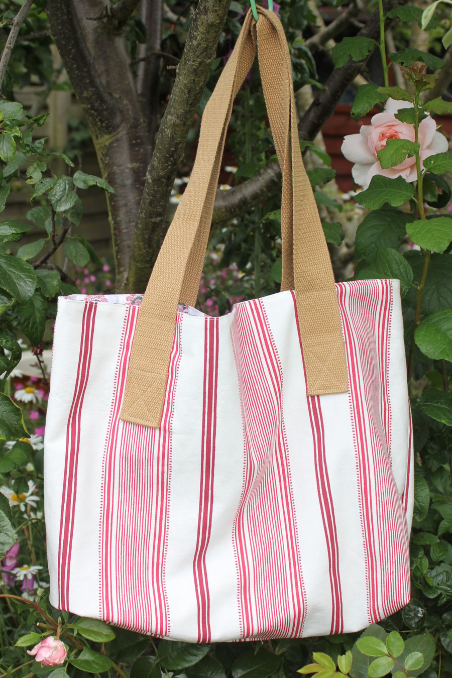 Beach bag made from Laura Ashley 'Heacham' red and cream stripy fabric