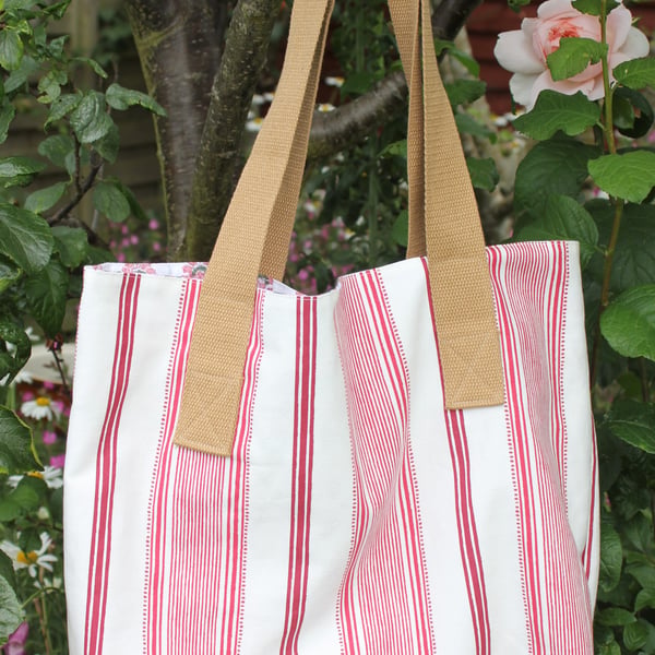 Beach bag made from Laura Ashley 'Heacham' red and cream stripy fabric