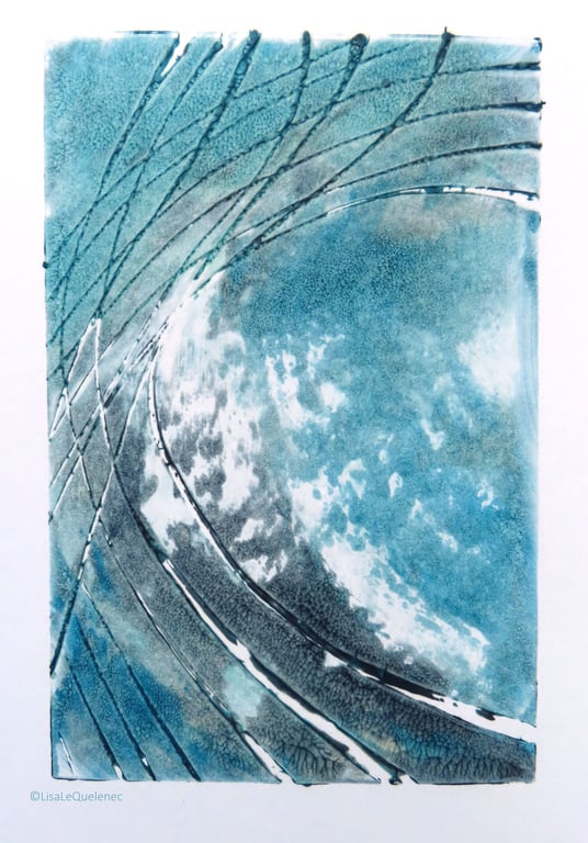 Big storm surf wave monoprint semi abstract minimalist art