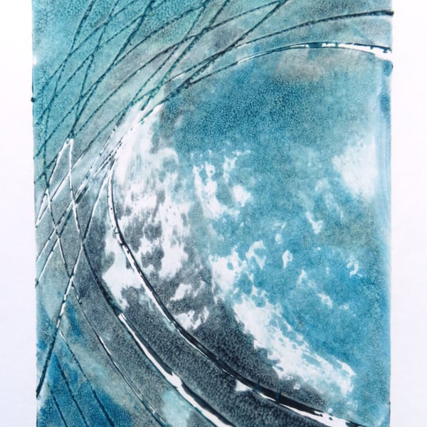 Big storm surf wave monoprint semi abstract minimalist art