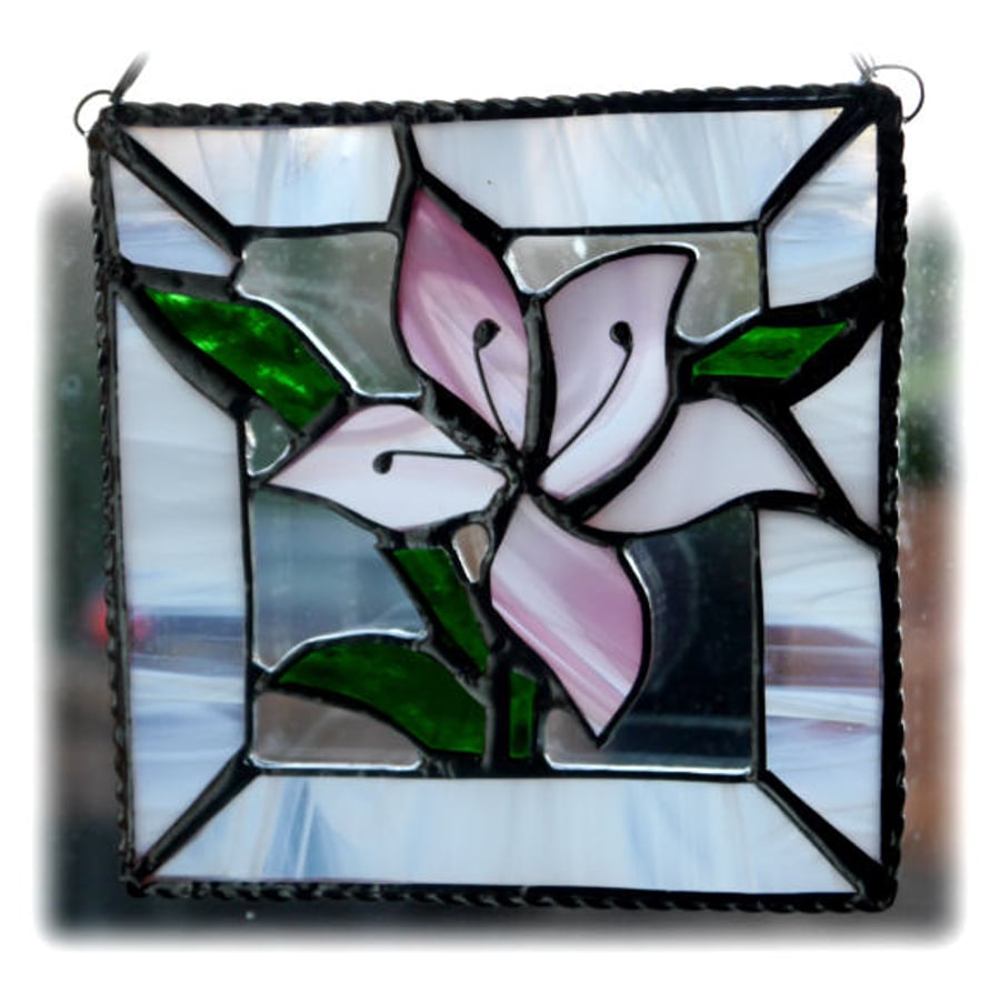 Lily Stained Glass Suncatcher Pastel Pink framed 