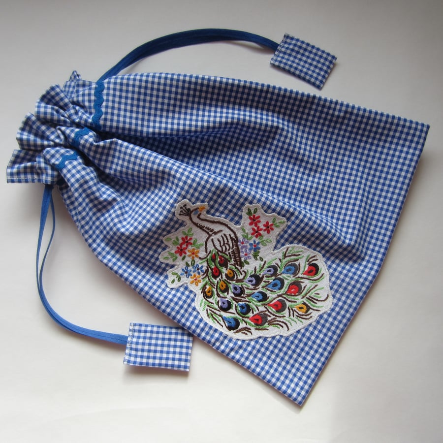 Blue Gingham Vintage Embroidered Peacock Drawstring Bag