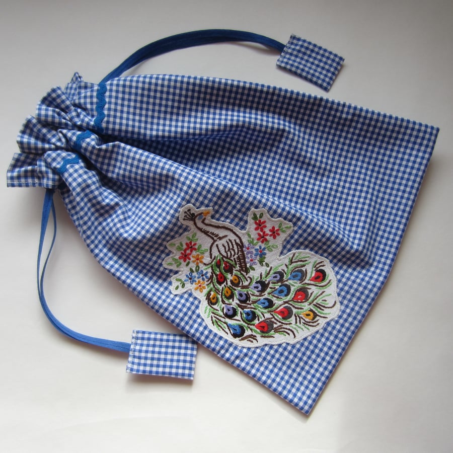 SALE Blue Gingham Vintage Embroidered Peacock Drawstring Bag