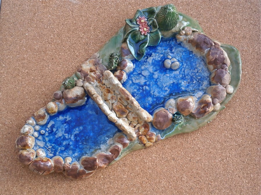 Ceramic pond with bridge, Terrarium ornament, stoneware art with glass, 4t