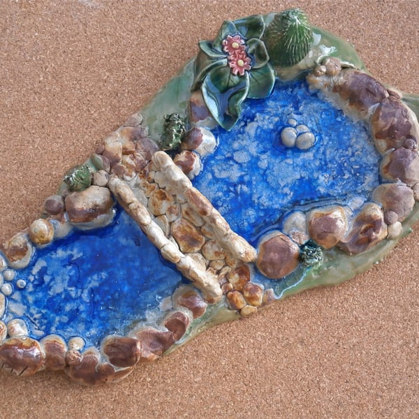 Ceramic pond with bridge, Terrarium ornament, stoneware art with glass, 4t