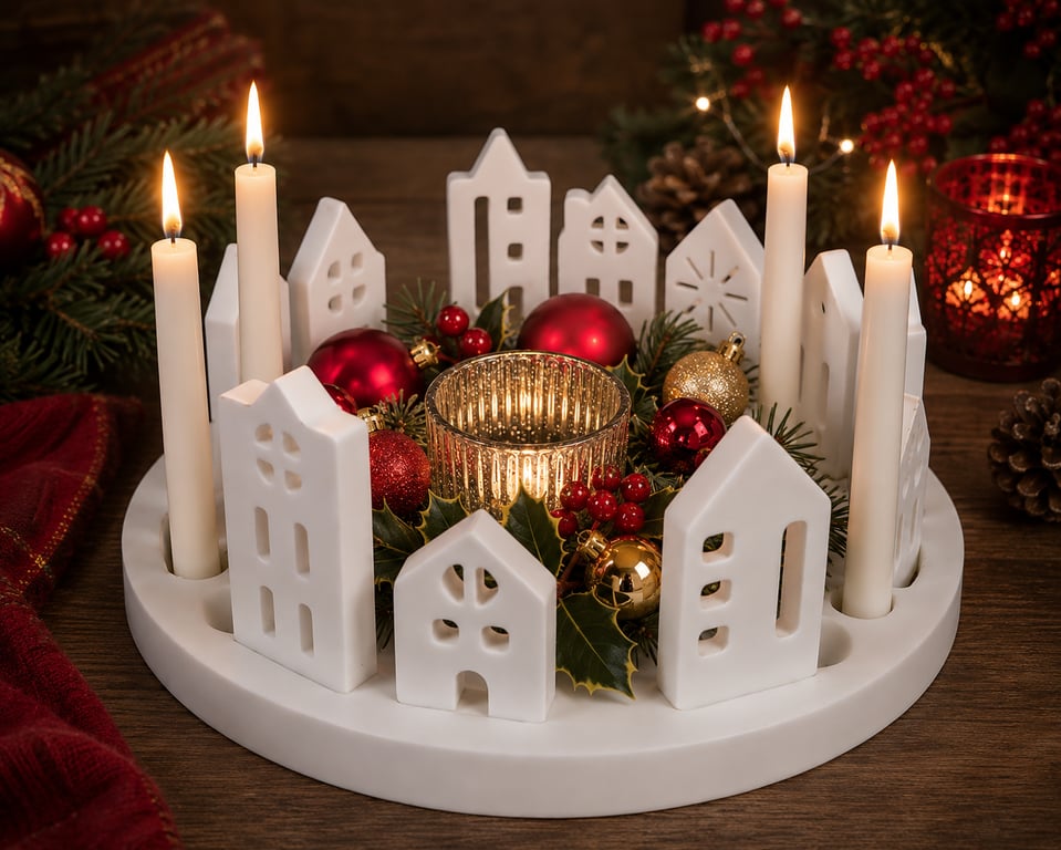 Scandi Nordic Style Christmas Village Scene. A Lovely Centrepiece Or Decoration