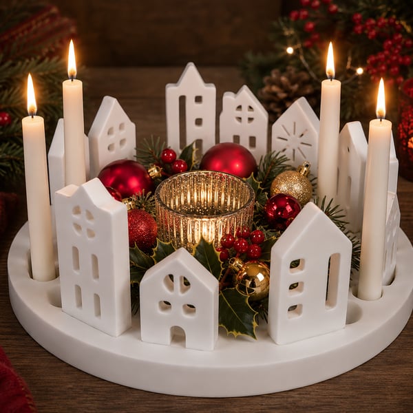 Scandi Nordic Style Christmas Village Scene. A Lovely Centrepiece Or Decoration
