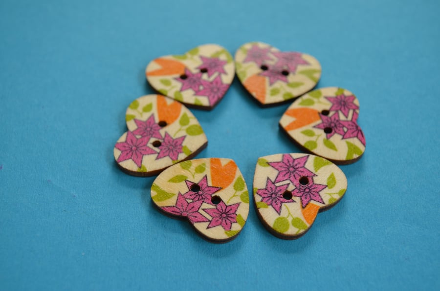 Wooden Heart Buttons Floral Pink Green Yellow 6pk 25x22mm (H17)