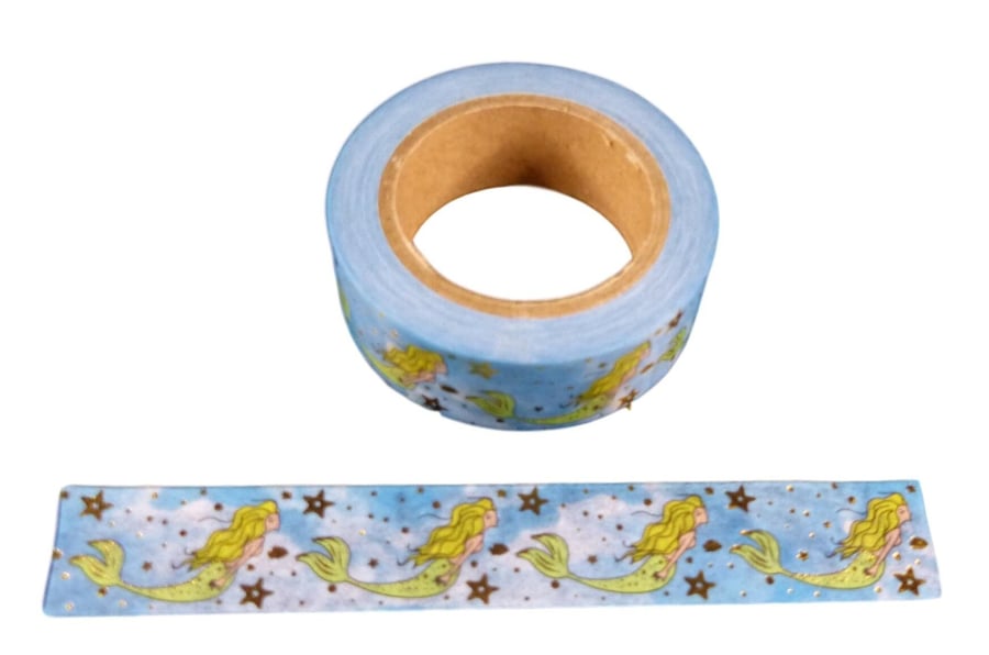 Mermaid in The Sea Washi Tape UK with Gold Foil Embossing Stick On Trim 15mm x 1