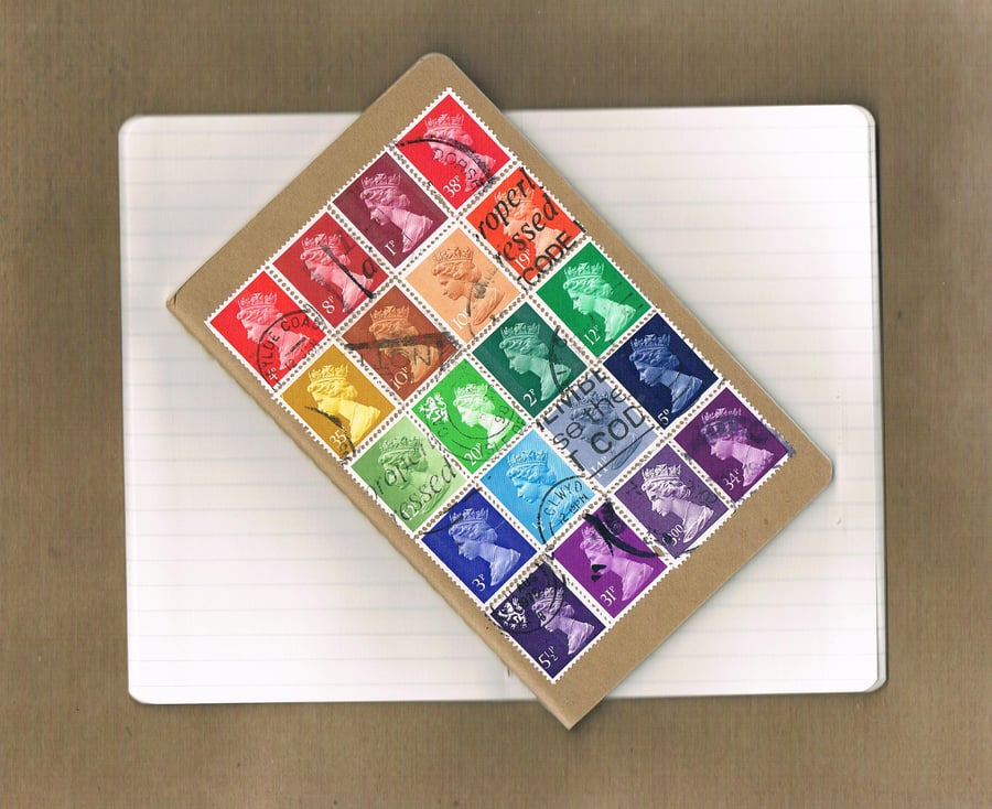 FIRST CLASS NOTEBOOK Rainbow Machin stamps, custom Moleskine cahier, mail art