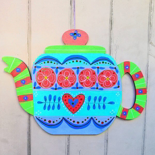 Hand painted wooden hanging teapot decoration heart flower boho wall art