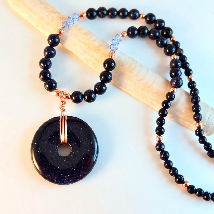 Blue Goldstone, Swarovski Crystal 'Sapphire' and Copper Necklace - Free UK P&P