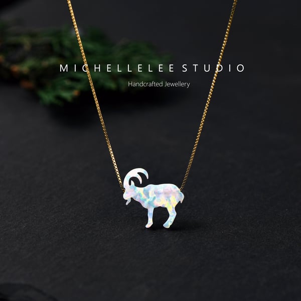 White Opal Goat Pendant Necklace with 925 Sterling Silver Chain