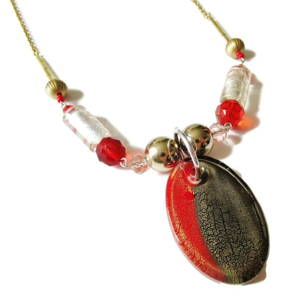 Beaded Pendant Necklace Red Gold Silver Foiled Effect Glass Chic OOAK