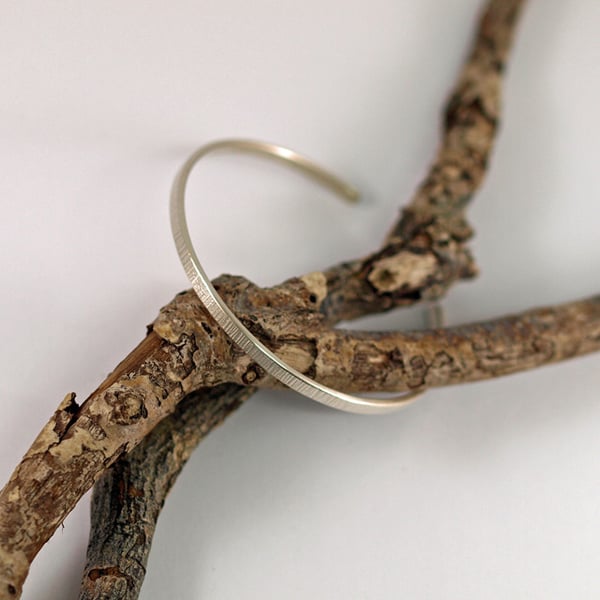 Silver Cuff, Open Bangle with Line Hammered Textured Bracelet