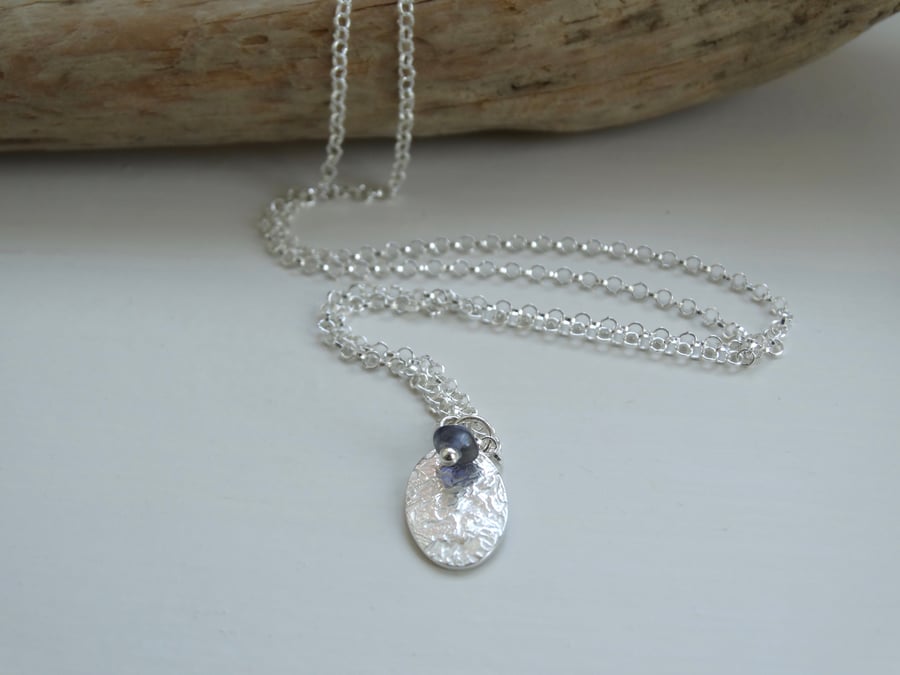 Eco Silver tiny tag pendant with Iolite drop